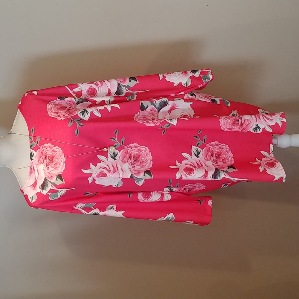 MISSLOOK🌺Oversized Hot Pink Boat Neck Large Rose Print Sleeved Tunic Dress W-S